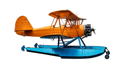 Isolated classic orange biplane floatplane with blue pontoons, vintage aviation transportation © Elena