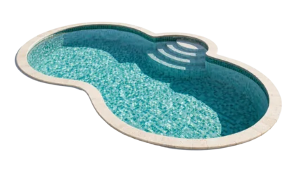 Fototapeten Hokusai Die Große Welle Isolated empty swimming pool with blue mosaic tiles and steps, sparkling clean water.  © Elena