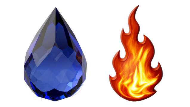 Isolated sparkling blue faceted crystal gem and vibrant orange red fire flame symbol element