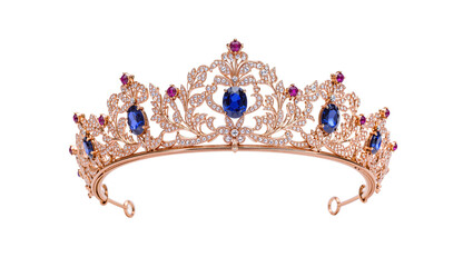 Isolated elegant gold tiara with sparkling diamonds, blue sapphires, and red rubies, luxury accessory © Elena