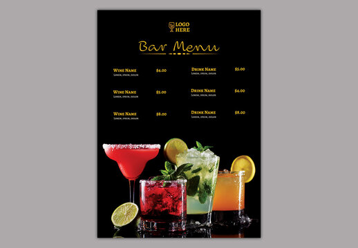 Editable Bar Cocktail Menu Template Design with Tropical Cocktail and Lime on Black Background.