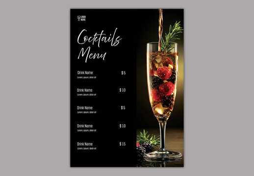 Editable Cocktail Menu Template Design with Pouring Drink and Fresh Berries in Glass on Black Background.