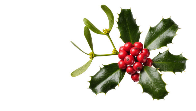 Isolated Christmas sprig with mistletoe leaves and festive red holly berries