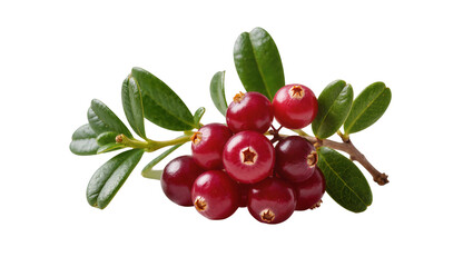 Isolated fresh cranberries on a small green leafy branch, ripe red berries close-up for healthy...