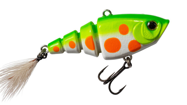 Isolated vibrant segmented fishing lure with orange spots and feather tail, angling bait