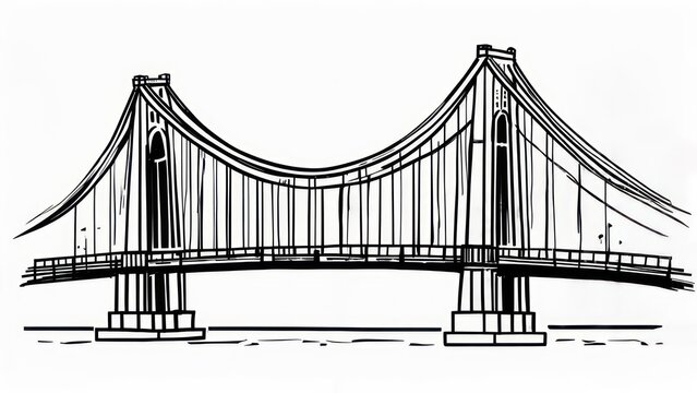 Hand drawn sketch of a large suspension bridge illustration.
