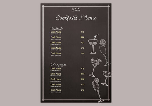 Editable Cocktail Menu Template Design with Linear Style Various Drink Glasses on Black Background for Bar Promotion.