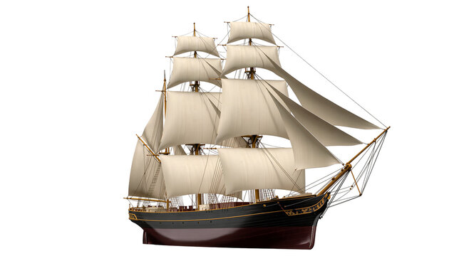 Isolated classic tall ship sailing vessel with full sails, elegant design, marine transportation