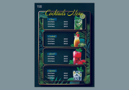 Editable Cocktail Menu Template Design with Classic Tropical Drinks and Fruit Flavor on Dark Background.
