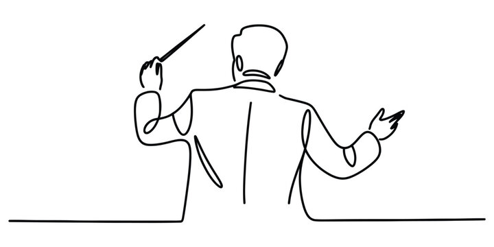 A continuous line drawing of a musical conductor leading an orchestra with a baton in his hand