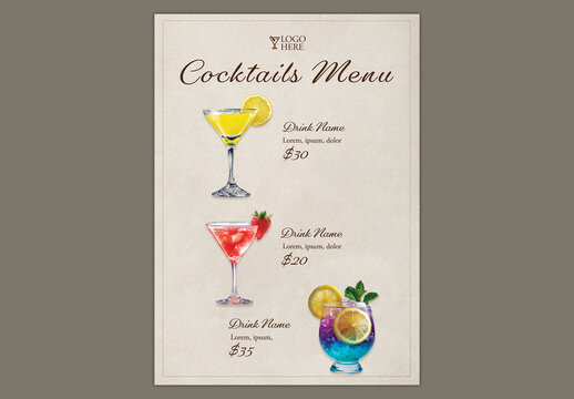 Editable Cocktail Menu Template Design with Colorful Drink Glasses on Beige Background.