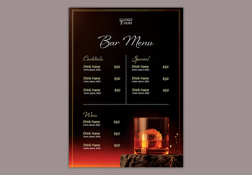 Editable Bar Cocktail Menu Template Design in Black and Red Theme.