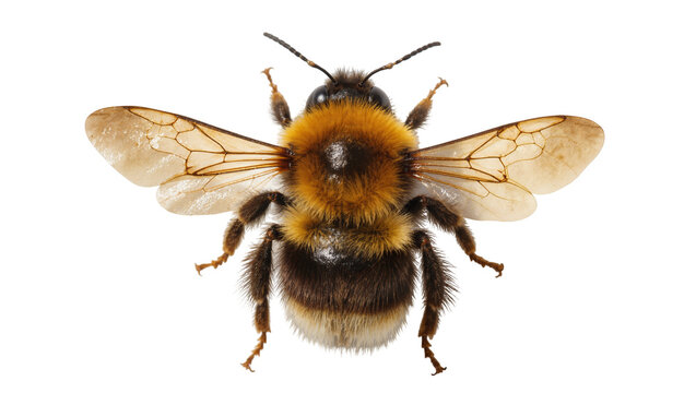 Isolated fuzzy bumblebee, a common insect with translucent wings and fluffy body