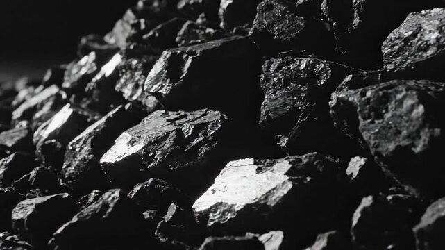 Video black mineral texture close-up with dramatic lighting for industrial design visuals, heavy industry marketing, and moody material backdrops.