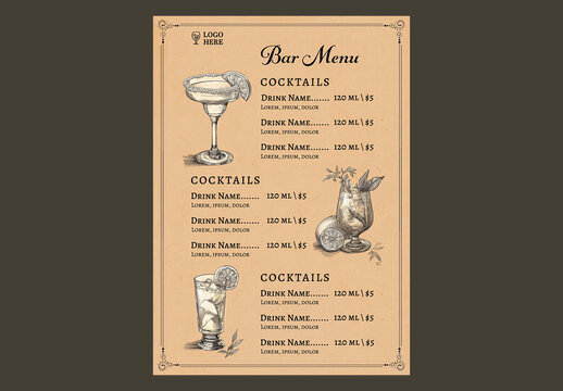 Editable Vintage Bar Menu Template Design with Hand Drawn Cocktail Glass Illustrations on Beige Background.