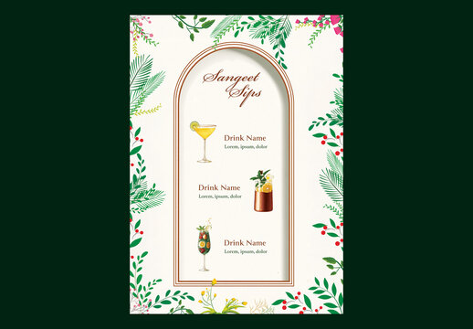 Editable Sangeet Sips Cocktail Menu Template Design with Arch Frame and Vibrant Botanical Border on White Background for Wedding Theme.