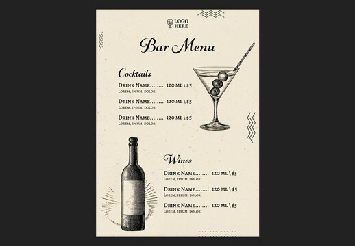 Editable Retro Bar Menu Template Design in Beige Color with Cocktail and Wine Drinks.