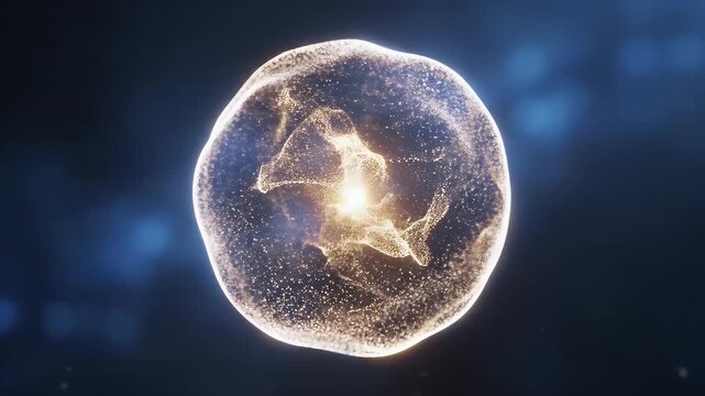 A single luminous cell pulsates with internal light against a dark, blurred background
