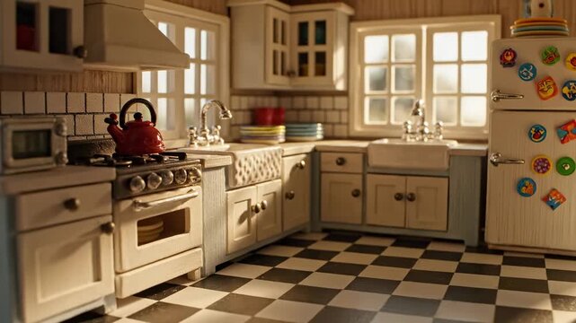Video dollhouse style kitchen interior with realistic miniature details, home living concept for design inspiration, family-themed marketing and playful creative media content.