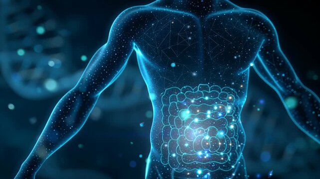 A futuristic medical visualization showing the silhouette of a male human body against a deep blue biotech background. The abdominal area glows with a network of light representing the gut microbiome.