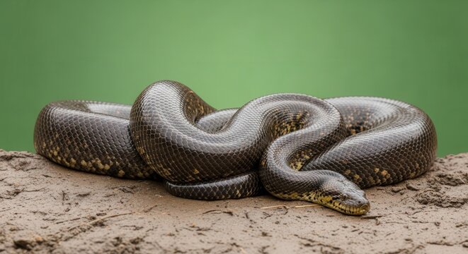Close-up of a Large Python Snake Coiled on Soil with Green Background