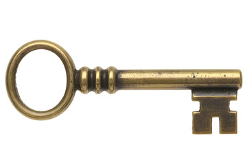 Closeup of old brass skeleton key with large circular bow and teeth on white background transparent background