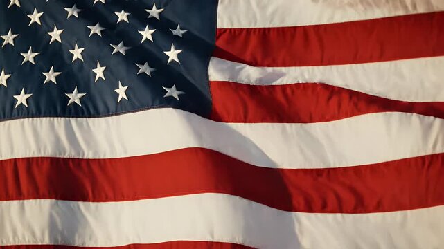 A close-up view shows the details of a waving flag with red, white, and blue sections