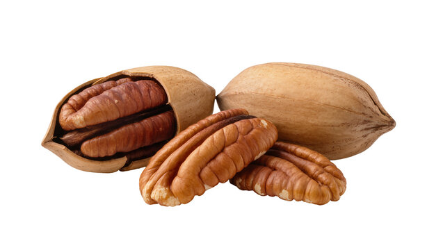 Isolated organic whole and cracked pecans, rich in nutrients, healthy delicious snack food
