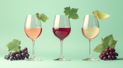 Naklejka premium Red, White, and Rose Wine in Glasses with Grapes on Green