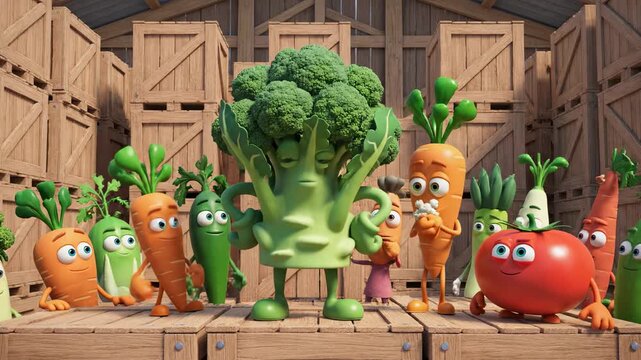 Animated vegetables on wooden crates in a storage cartoon style broccoli carrots tomato daikon cucumber leek peas with big eyes