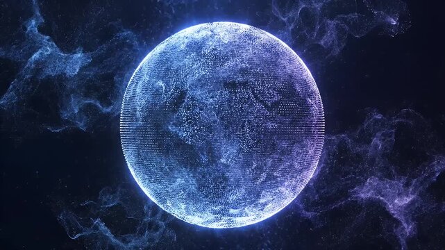 A glowing sphere of blue and purple particles swirls against a dark background