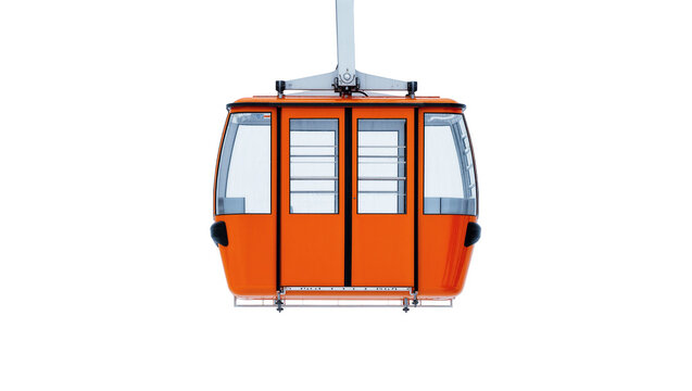 Isolated bright orange cable car gondola cabin, modern ski resort transportation