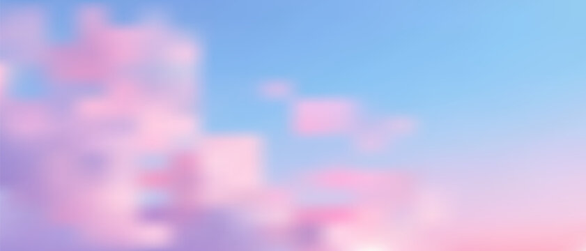 Stunning sunset sky with pink and orange gradient clouds over ocean horizon. Beautiful dawn backdrop featuring dramatic pastel colors and golden light for summer beach scenes.