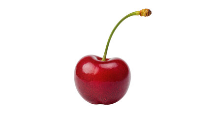 Isolated single ripe red cherry fruit with vibrant green stem, fresh juicy sweet summer berry © Maria