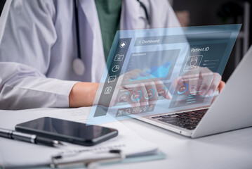 Fototapeta na wymiar Doctor working laptop futuristic holographic dashboard hospital clinic analyzing patient medical data digital healthcare technology.