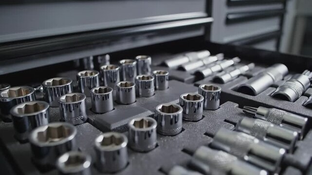 Video of organized mechanic tool drawer sliding open in contemporary industrial setting, hardware arrangement and efficiency concept, clean workshop storage background, slow cinematic push-in as matte