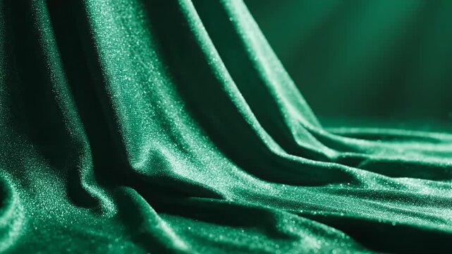 Shimmering emerald fabric draped with soft light, creating elegant folds and textures