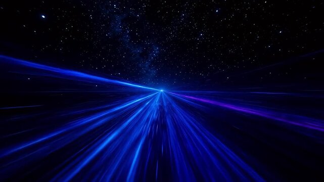 Blue and purple light beams converging in starry space background