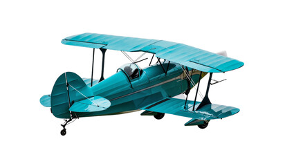Isolated classic teal biplane aircraft ready for flight, detailed retro design side view © Eva