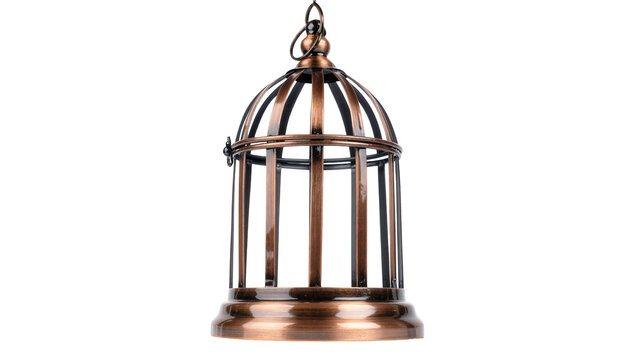 Isolated vintage ornate empty birdcage made of aged copper or bronze metal design element
