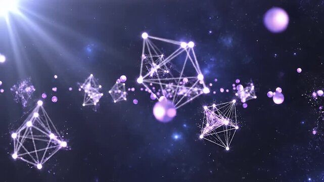 Glowing geometric constellations drift through a deep purple, starry expanse