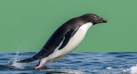 Fototapeta premium Dynamic Penguin Leaping Out Of Water in Cold Ocean Environment