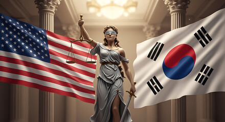 Naklejka premium Lady Justice Statue with United States and South Korea Flag Representing International Law Diplomacy Legal Cooperation and Bilateral Relationship Between America and Korean Peninsula Nation