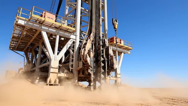 Video desert oil drilling rig with continuous rotary drill action, energy exploration and heavy industry theme for corporate presentations and global resource economy media.