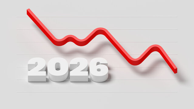 2026. Decrease chart. Red color. 3d illustration.