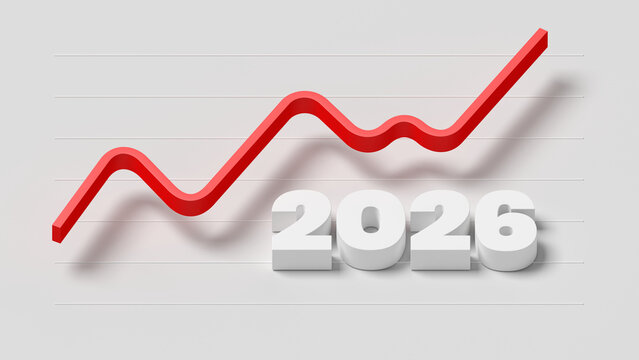 2026. Growth chart. Red color. 3d illustration.