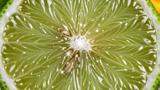 Video of Fresh Lime Cross Section Macro with Detailed Citrus Cells, zesty tropical fruit backdrop, vitamin-rich nutrition theme, natural ingredient visual for modern food media.