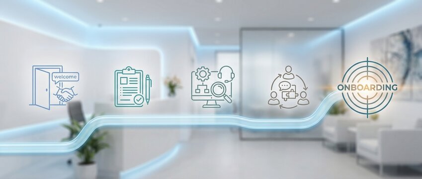 onboarding recruitment hiring orientation employee business integration process showing steps of training and team collaboration in a clean modern office background panoramic view.