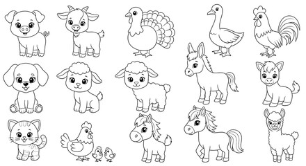 Fototapeta premium Cute Farm Animals Coloring Page for Kids: Adorable Domestic Livestock Outlines Illustration, Cartoonish Characters for Children's Activity Book, Educational Resource, Creative Fun, Pet Therapy, Animal