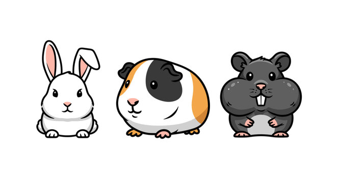 Adorable Cartoon Pet Animals Illustration: Rabbit, Guinea Pig, and Hamster Posing for a Cute Portrait on White Background &ndash; Perfect for Children's Illustration, Veterinary, Education, Mascot Designs,